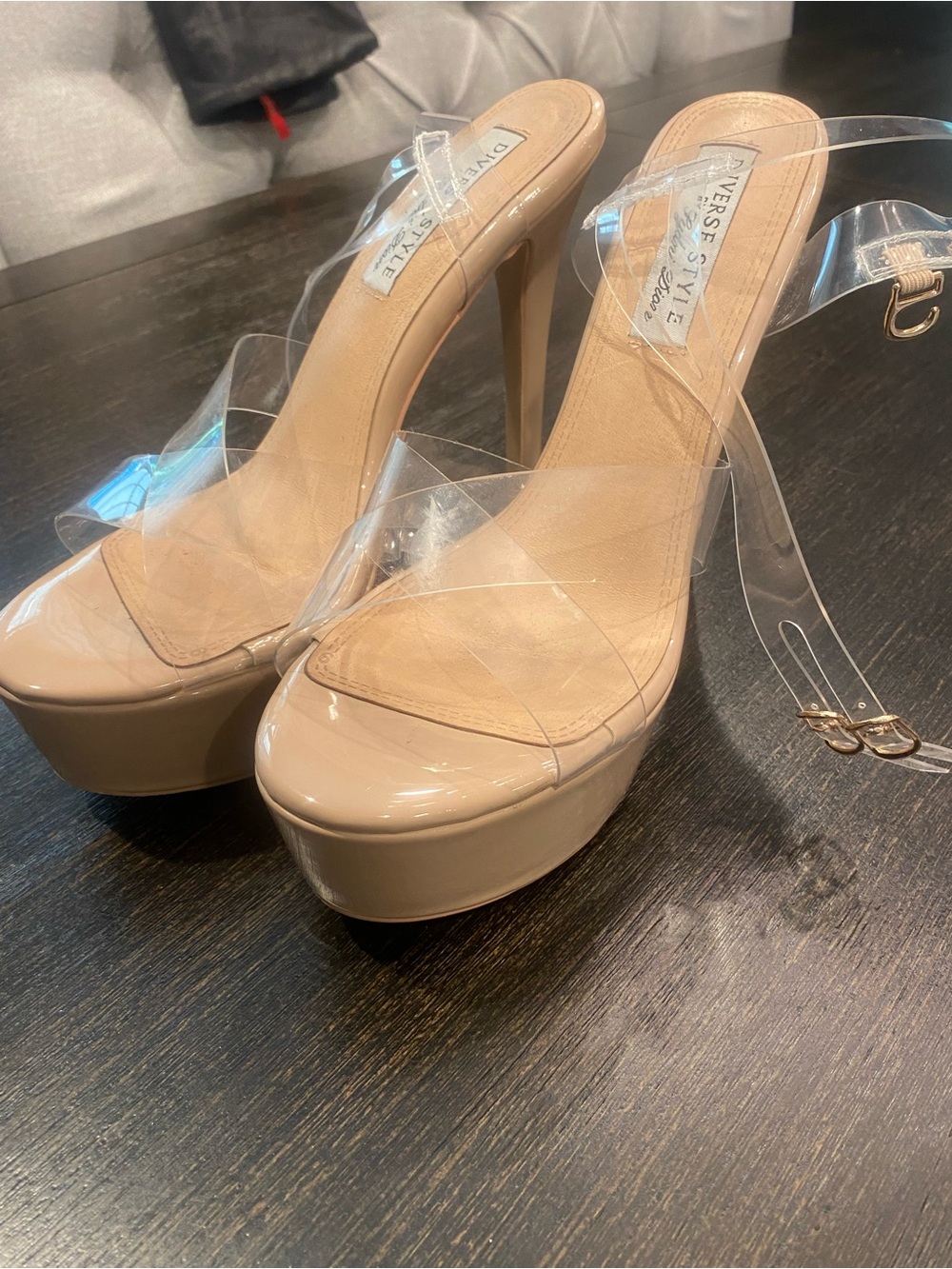 Nude Patent Platform Heels with Clear Straps
